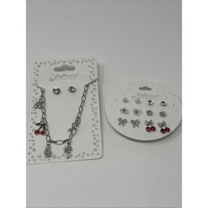 8 NWT Cherry Themed Necklace & Earrings Princess Accessories Silver Tone Jewelry